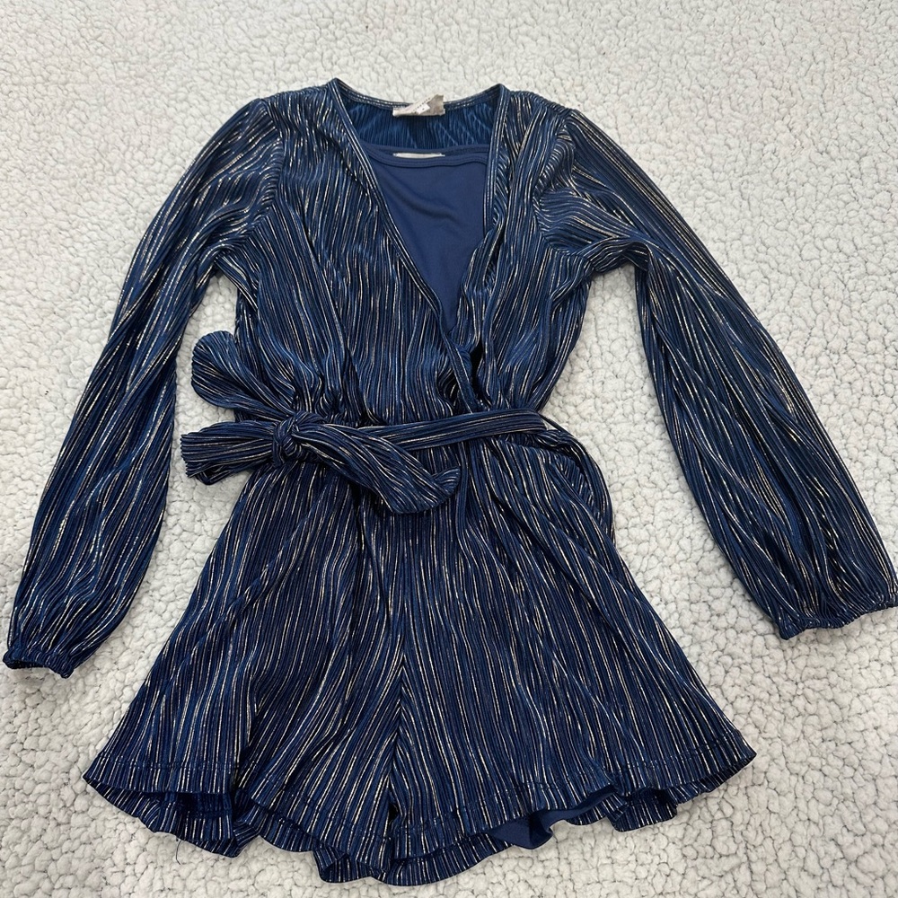 hannah banana girls long sleeve blue gold romper size 8 Nordstrom brand
